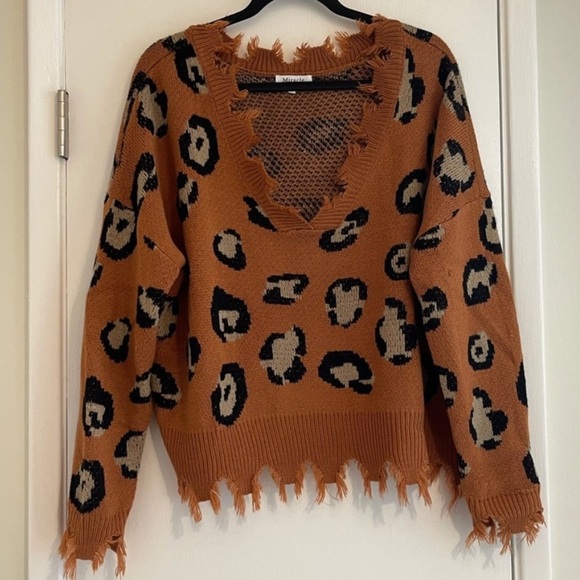 MIRACLE DISTRESSED CHEETAH SWEATER BROWN/SIZE:M - Picture 5 of 13